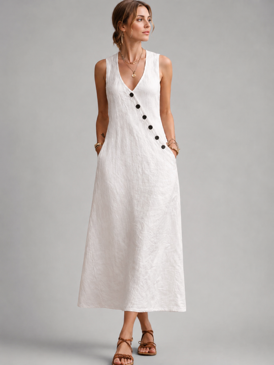 Bathilde — Robe longue sans manches à boutons, coloris Blanc