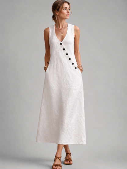 Bathilde — Robe longue sans manches à boutons, coloris Blanc