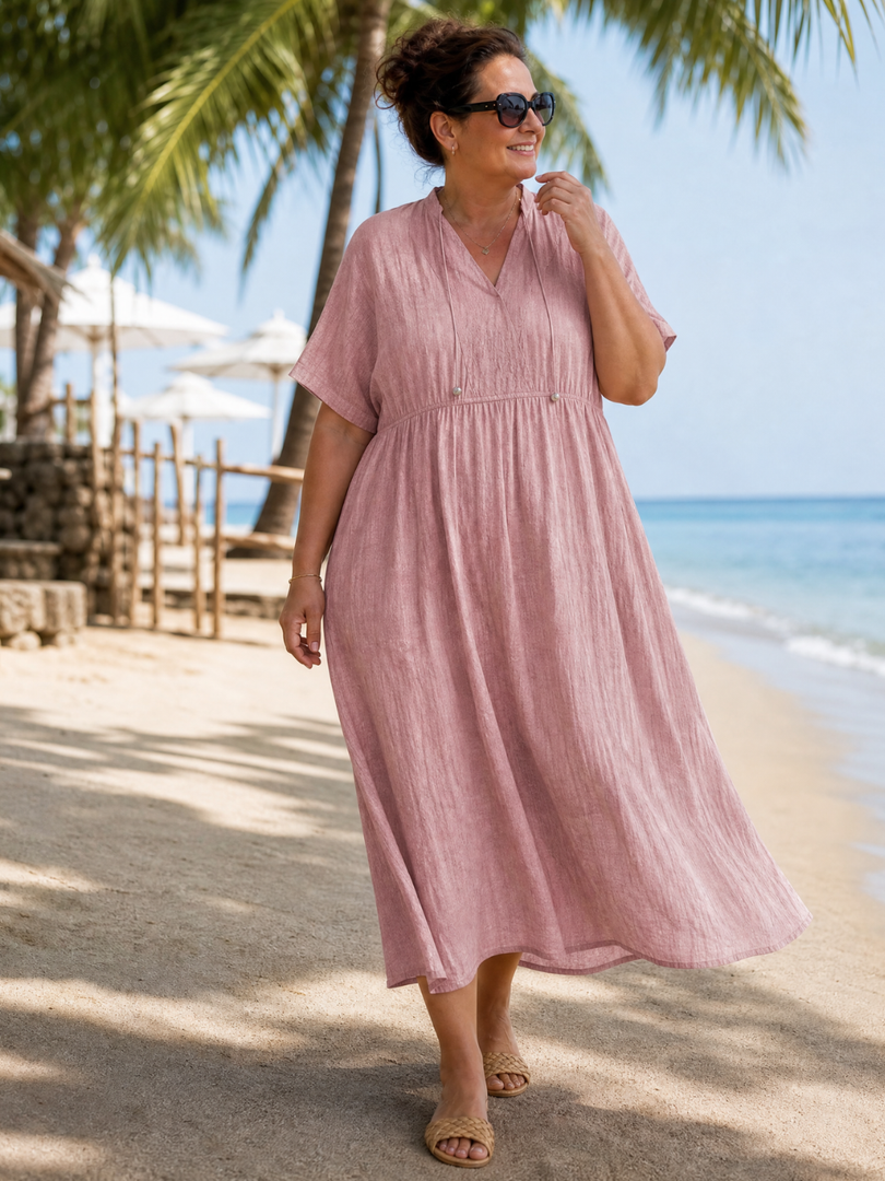 Maïlys — Robe longue à col V et taille froncée, coloris Vieux rose