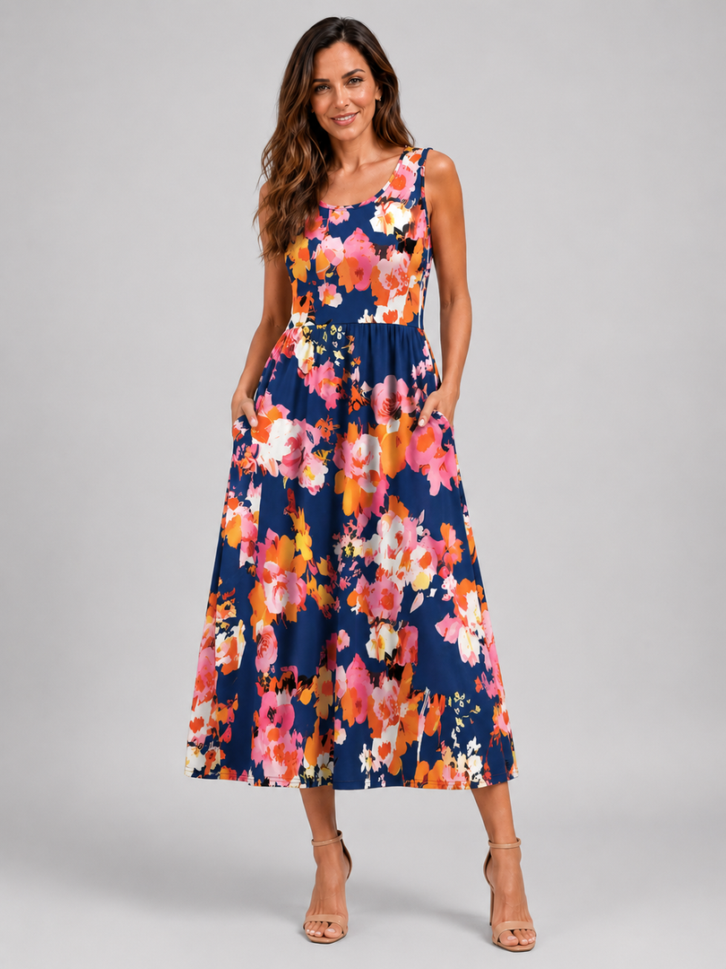 Ambre — Robe midi bohème à col licou, coloris Bleu marine fleuri