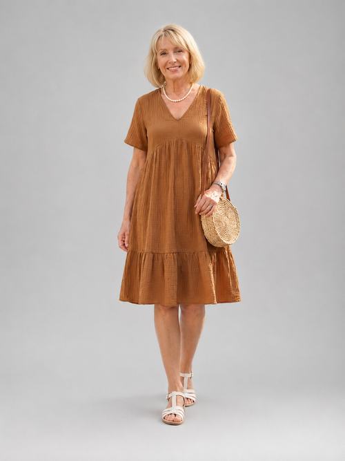 Azélie — Robe courte froncée en gaze de coton, coloris Caramel