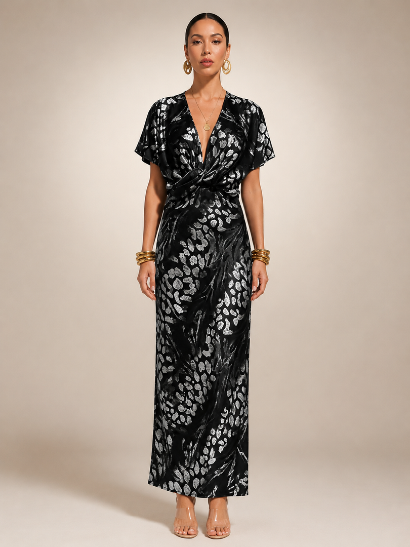 Calypso — Robe longue satinée à taille torsadée, coloris Noir et argent