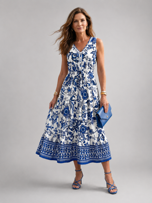 Domitille — Robe midi fleurie sans manches, coloris Bleu et blanc