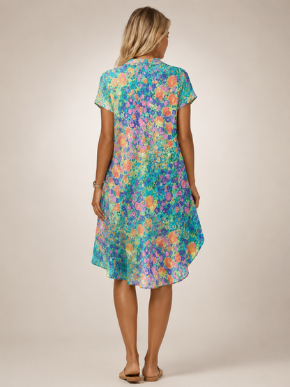 Blanche — Robe midi chemise fleurie à col V