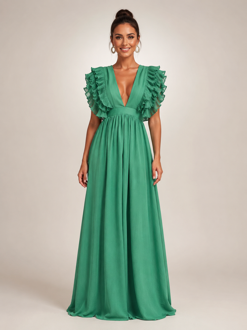 Géraldine — Robe longue dos nu à manches volantées, coloris Vert