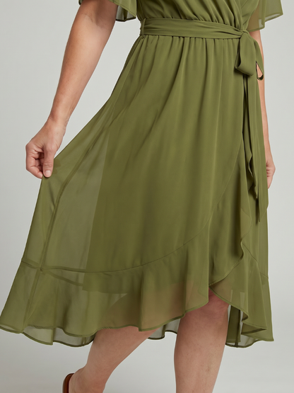 Léane — Robe midi portefeuille à ceinture