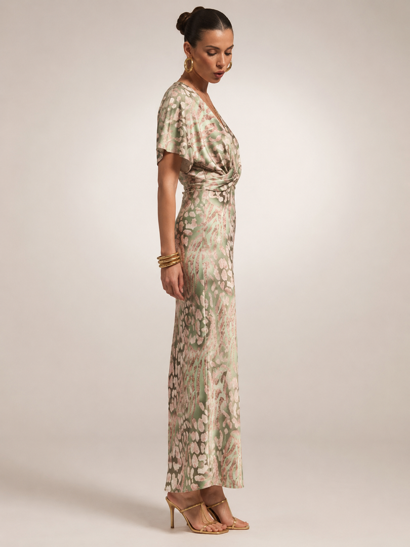 Calypso — Robe longue satinée à taille torsadée