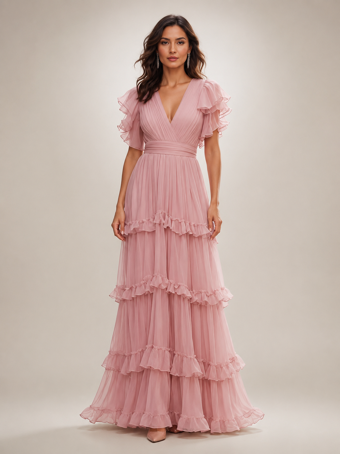 Agathe — Robe longue portefeuille à volants, coloris Rose