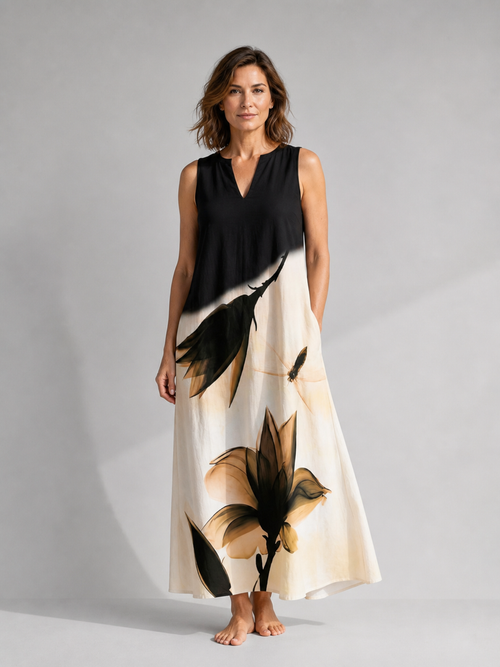 Rosine — Robe longue à fleur peinte, coloris Écru et noir