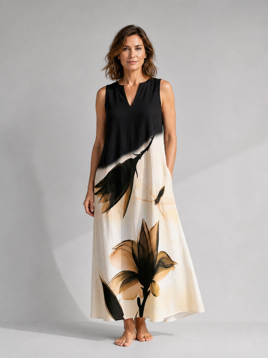 Rosine — Robe longue à fleur peinte, coloris Écru et noir