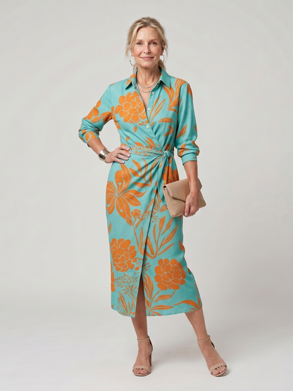 Nadège — Robe midi portefeuille à col chemise, coloris Turquoise et orange