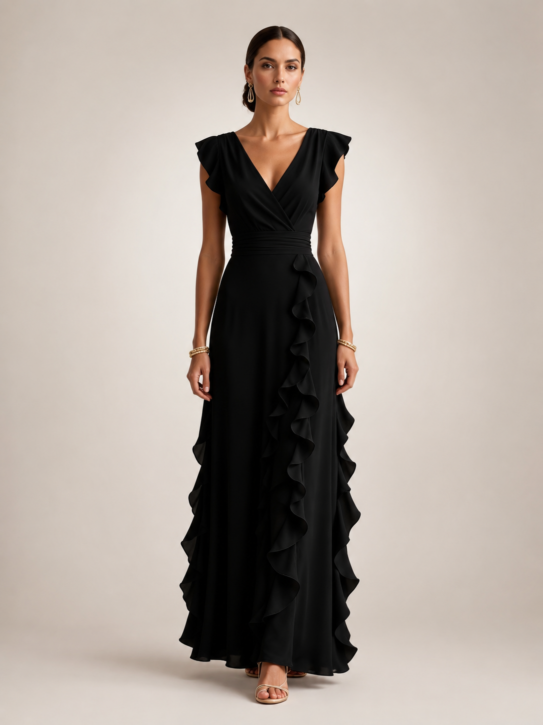 Ghislaine — Robe longue à volant cascade et col V, coloris Noir