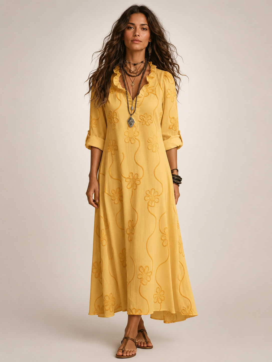 Maëlle — Robe longue chemise à fleurs brodées, coloris Jaune