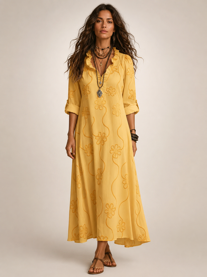 Maëlle — Robe longue chemise à fleurs brodées, coloris Jaune