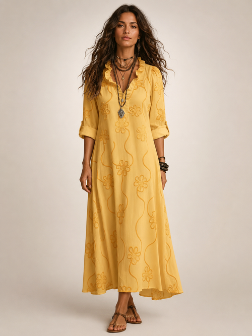 Maëlle — Robe longue chemise à fleurs brodées, coloris Jaune