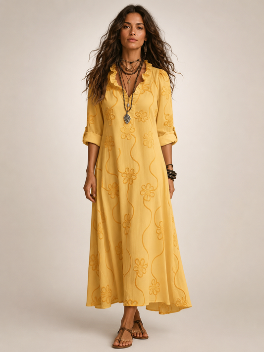 Maëlle — Robe longue chemise à fleurs brodées, coloris Jaune