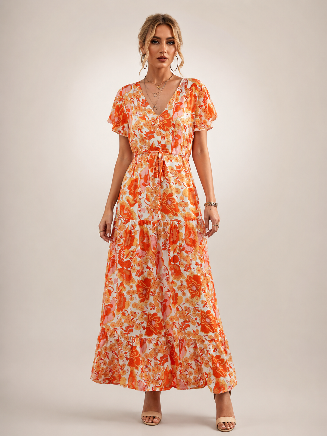 Dorothée — Robe longue à col V et volants, coloris Corail