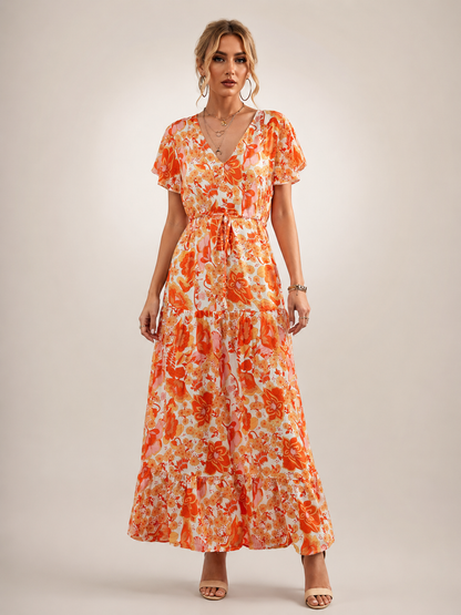 Dorothée — Robe longue à col V et volants, coloris Corail