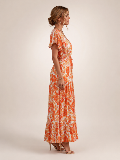 Dorothée — Robe longue à col V et volants