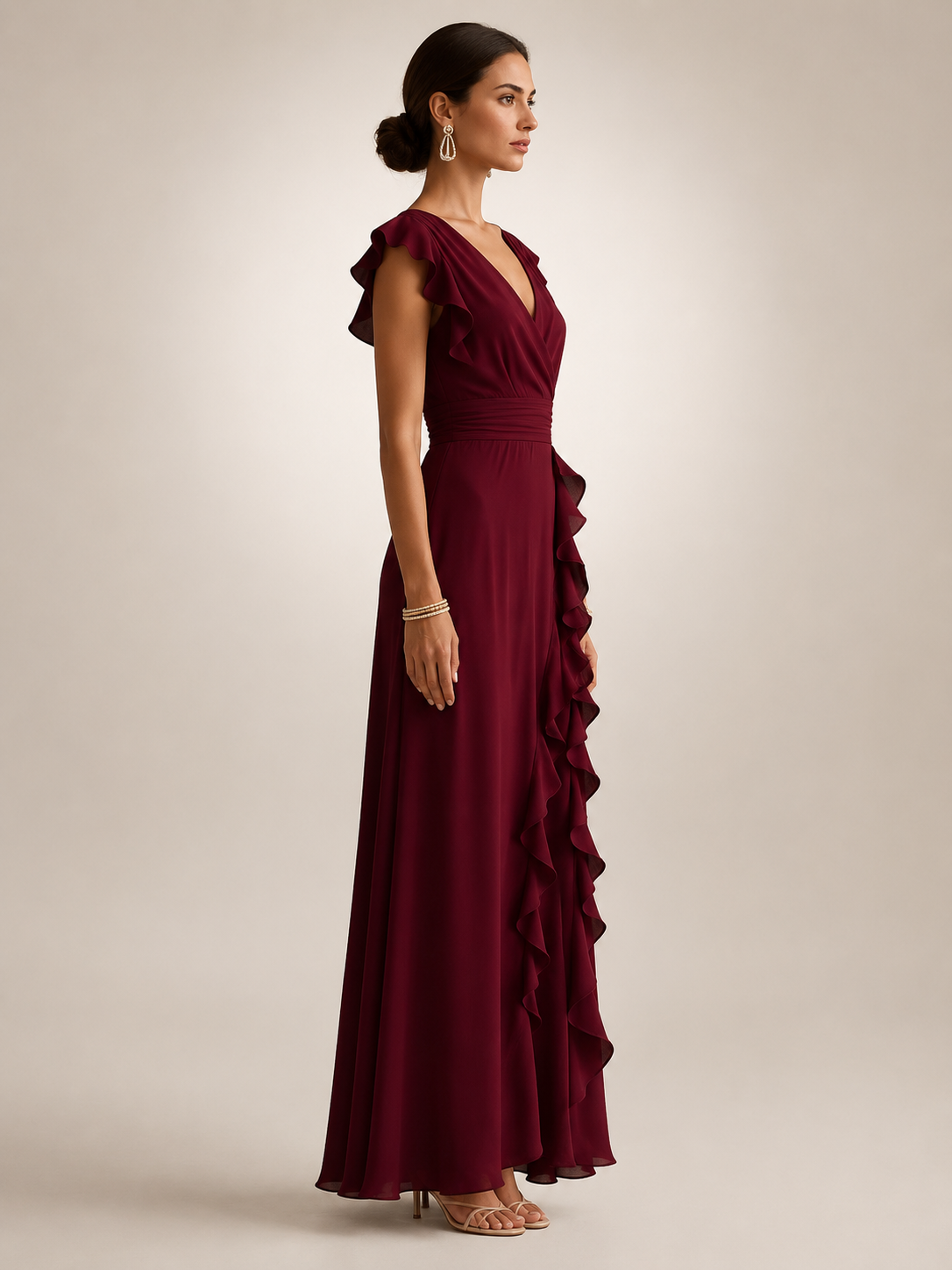 Ghislaine — Robe longue à volant cascade et col V