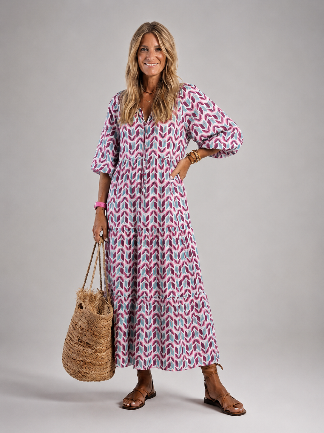 Auréline — Robe longue ikat à manches bouffantes, coloris Rose et turquoise