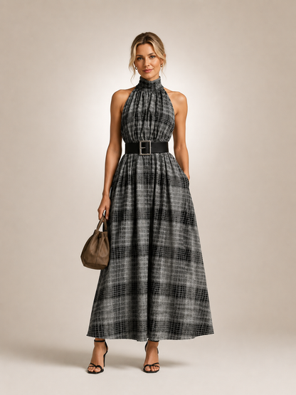 Edwige — Robe longue à carreaux, col montant et ceinture, coloris Gris