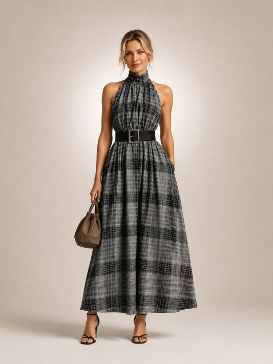 Edwige — Robe longue à carreaux, col montant et ceinture, coloris Gris