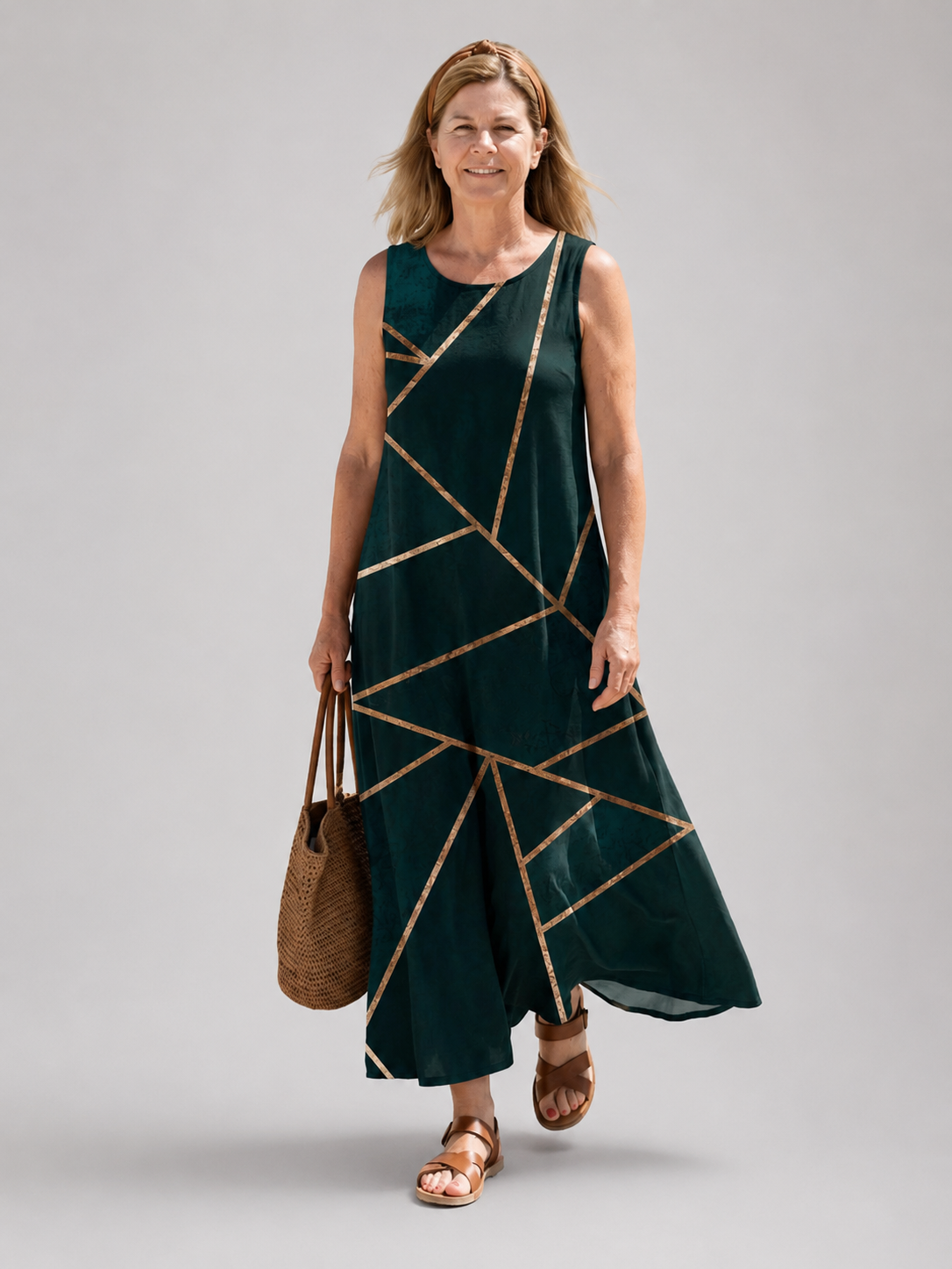 Oriane — Robe longue à motif géométrique, coloris Vert foncé