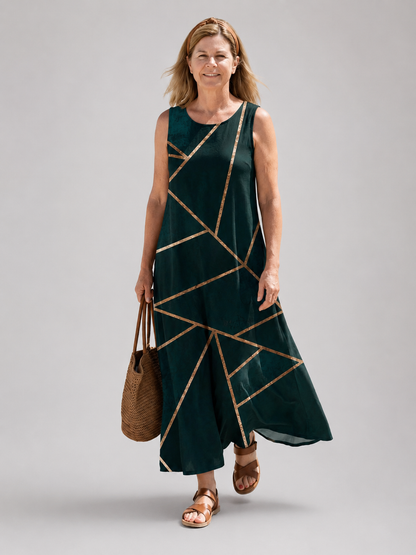 Oriane — Robe longue à motif géométrique, coloris Vert foncé