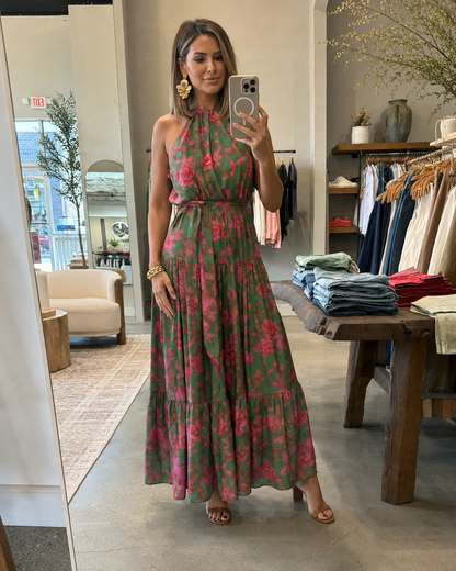 Katell — Robe longue dos nu à volants étagés