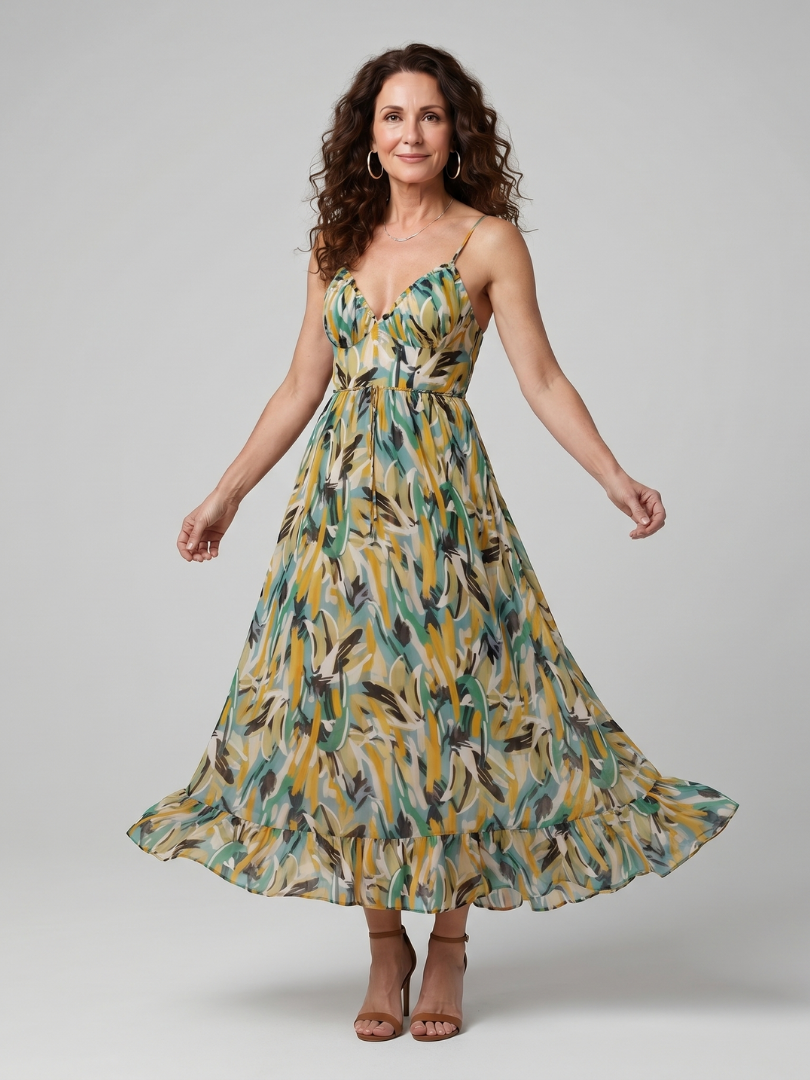 Ilona — Robe longue à fines bretelles et volant, coloris Vert et jaune