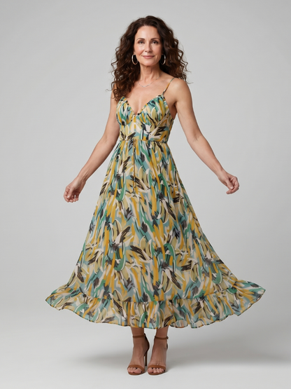 Ilona — Robe longue à fines bretelles et volant, coloris Vert et jaune