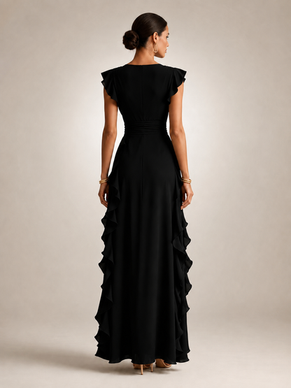 Ghislaine — Robe longue à volant cascade et col V