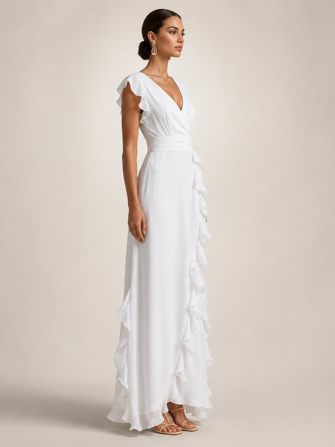 Ghislaine — Robe longue à volant cascade et col V