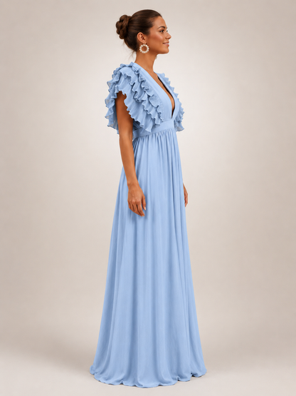 Géraldine — Robe longue dos nu à manches volantées