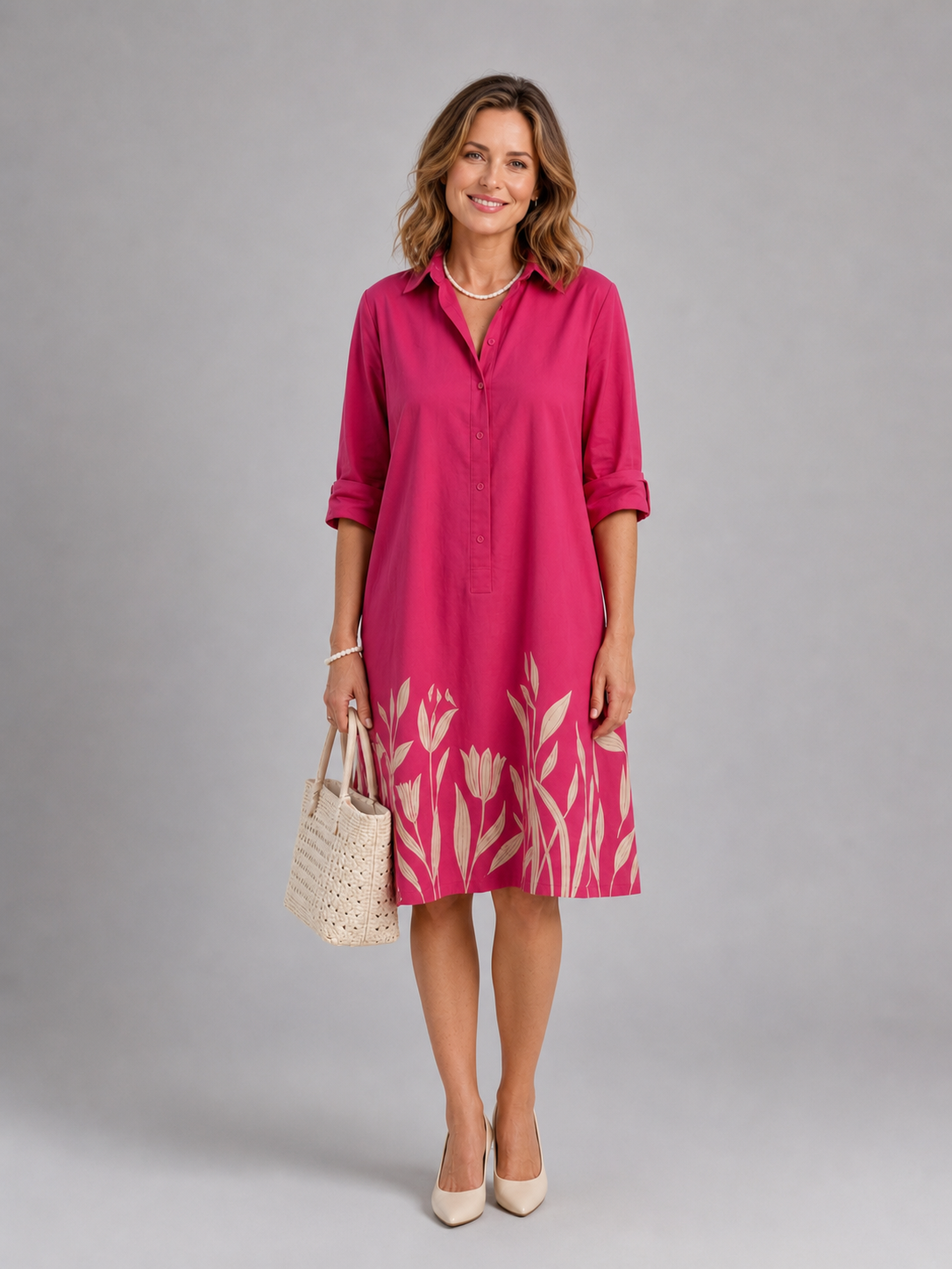 Iseult — Robe courte chemise à bordure végétale, coloris Fuchsia
