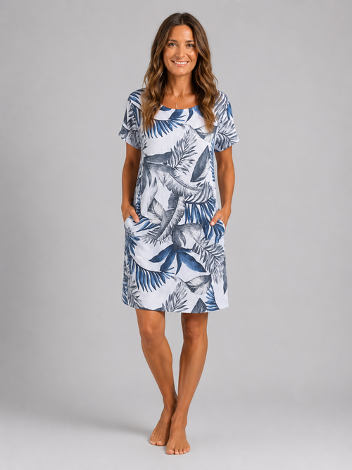 Constance — Robe courte à encolure ronde et imprimé botanique, coloris Blanc feuillage