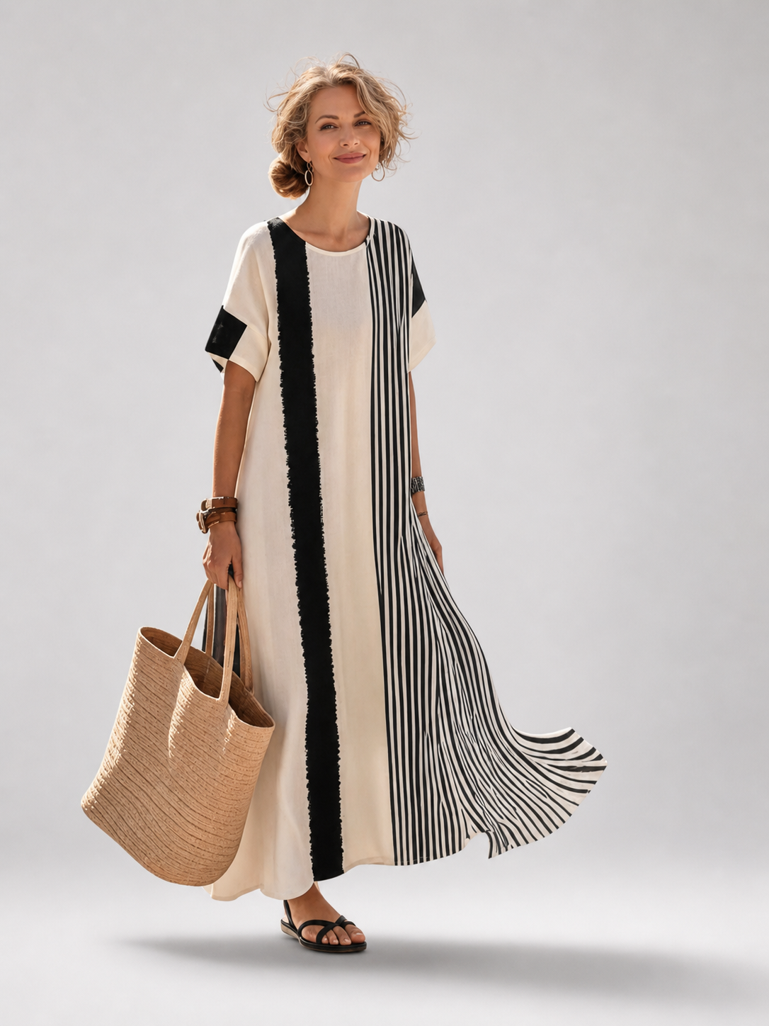 Lucile — Robe longue à rayures contrastées, coloris Écru rayé