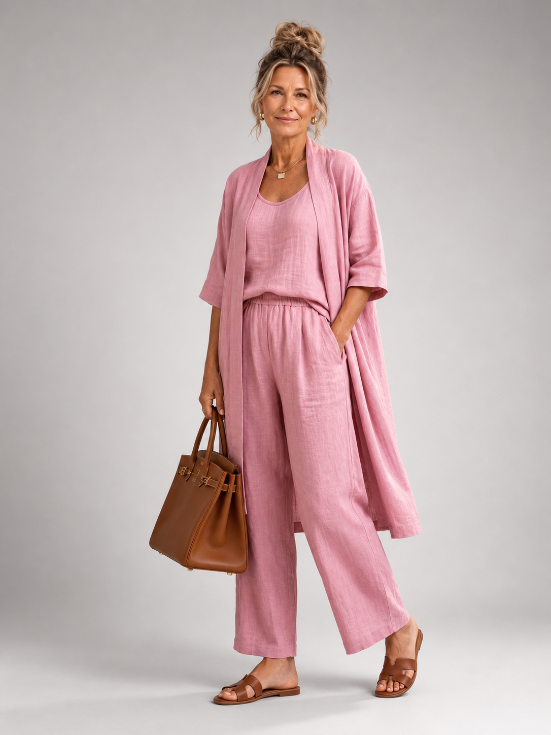 Femme portant un ensemble trois pièces avec haut, pantalon large et pièce ouverte assortie, coloris rose