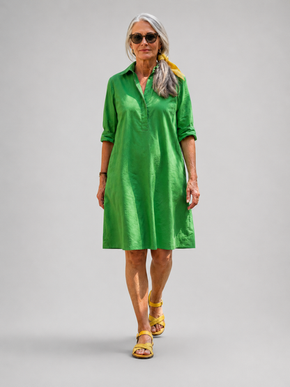 Fleur — Robe courte chemise unie à poches, coloris Vert prairie