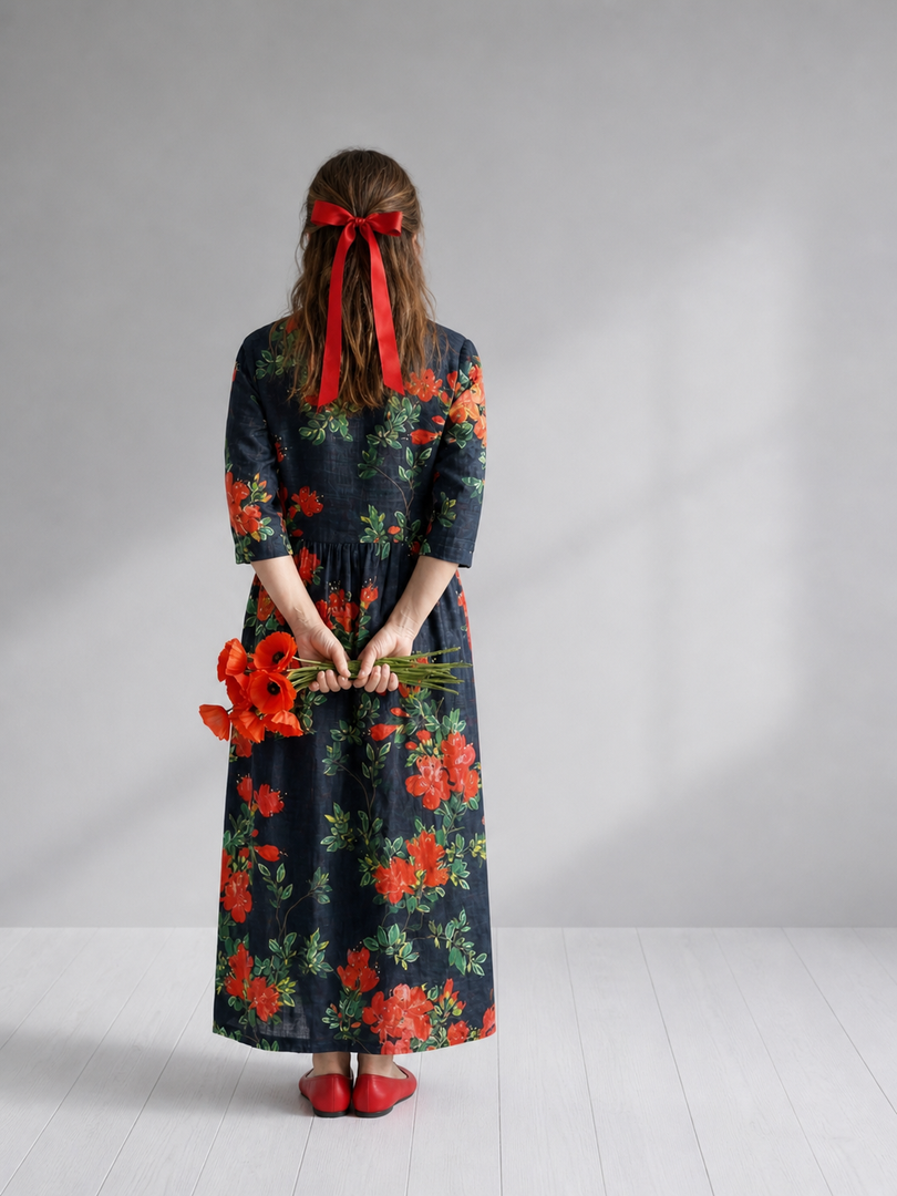 Hildegarde — Robe longue fleurie à taille froncée