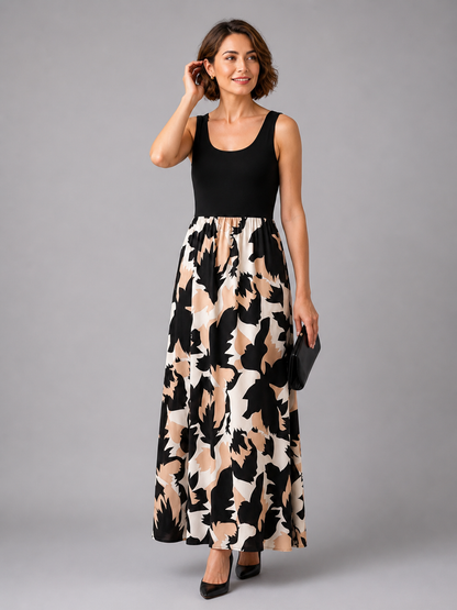 Andréa — Robe longue bicolore à buste uni, coloris Noir et imprimé