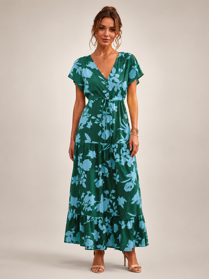 Dorothée — Robe longue à col V et volants, coloris Vert sapin