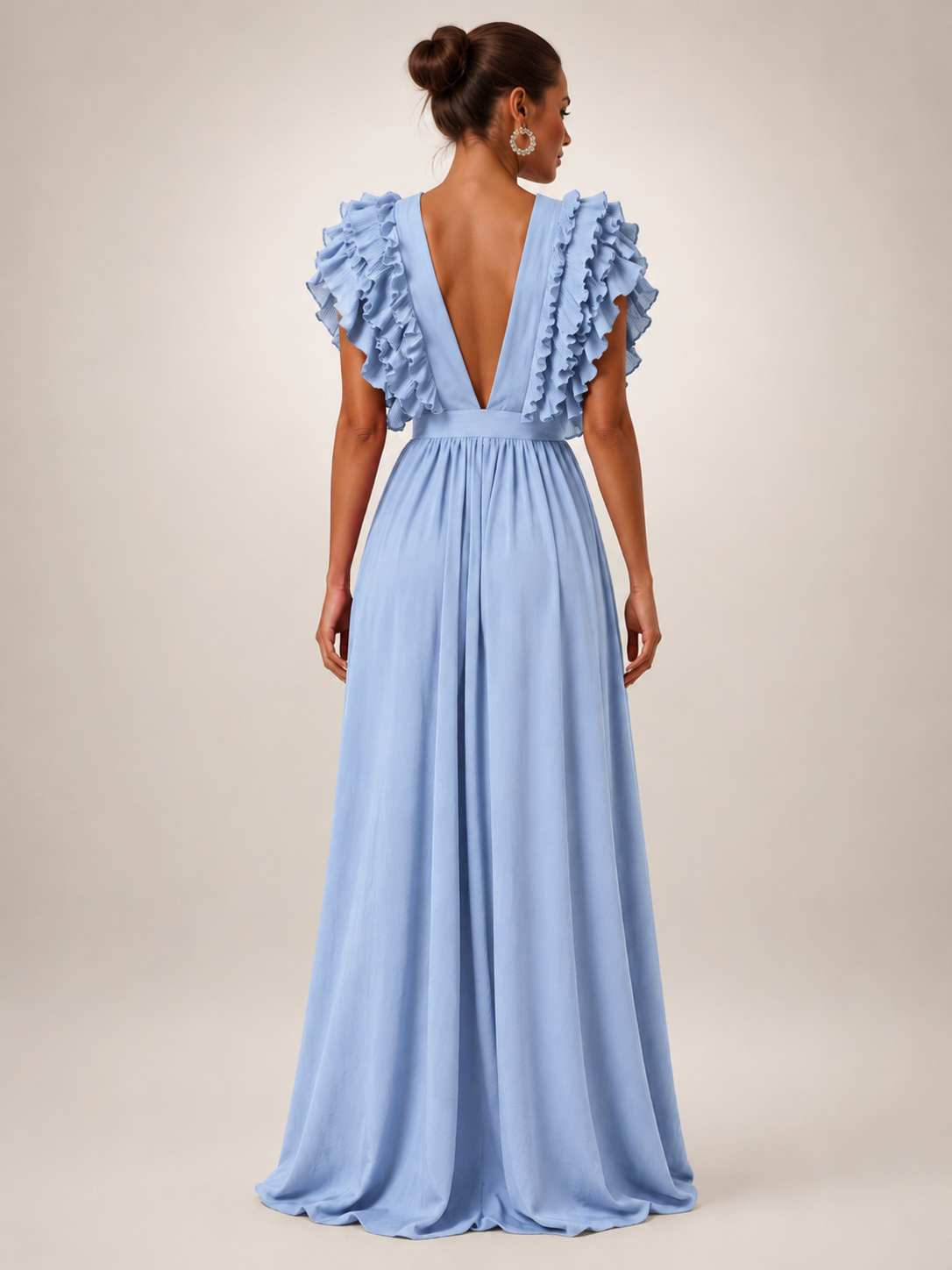 Géraldine — Robe longue dos nu à manches volantées
