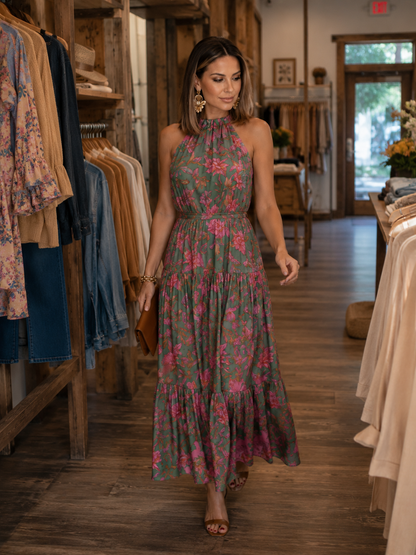 Katell — Robe longue dos nu à volants étagés