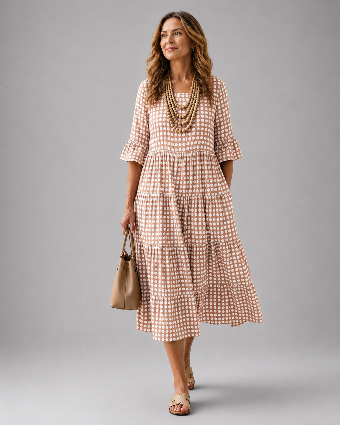 Marielle — Robe midi à pois et volants étagés, coloris Terracotta à pois