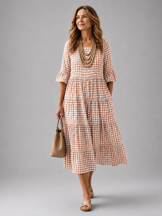 Marielle — Robe midi à pois et volants étagés, coloris Terracotta à pois