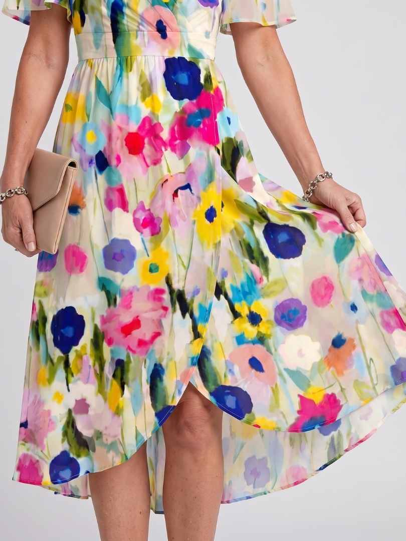 Flavie — Robe midi fleurie à manches papillon