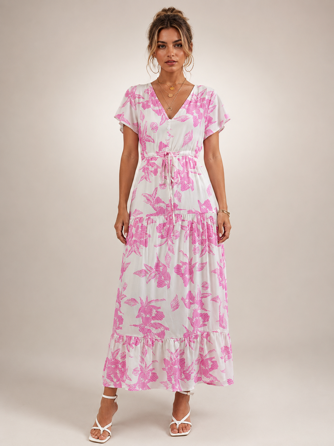 Dorothée — Robe longue à col V et volants, coloris Blanc et rose