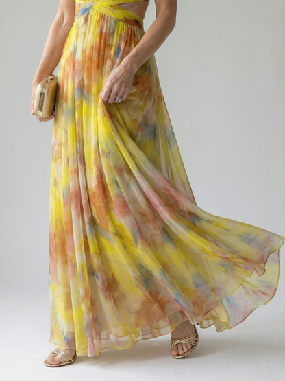 Maïwenn — Robe longue cache-cœur en voile imprimé
